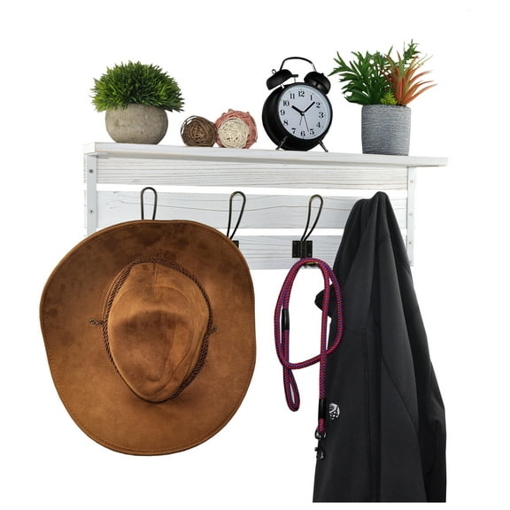 DUCIHBA 23.6" Wall Shelves, Rustic Coat Rack, Wood & Metal Hooks, Single Shelf - White - Holds 20 lbs