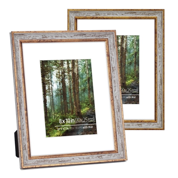 DUCIHBA 8x10 2 Pack Washed White and Antique Gold Accents Ornate Classic Picture Frame, Matted for 5x7 inches Photos, Real Glass Protection