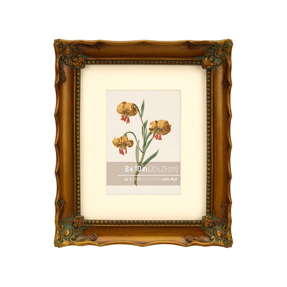 DUCIHBA 8x10 Antique Gold Ornate Hand Crafted Resin Picture Frame with Mat Display 5x7, Tempered Glass and Velvet Backing, Decorative Scallop Edge Design for Home Decor, Photo Gallery, Art, More