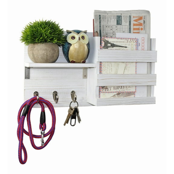 DUCIHBA Entryway Mail Organizer - Key Holder Hooks - Home Decorative Single Wall Shelf - Rustic Wood, White - 16.5" W x 4.5" D x 9.75" H - 2.5lbs