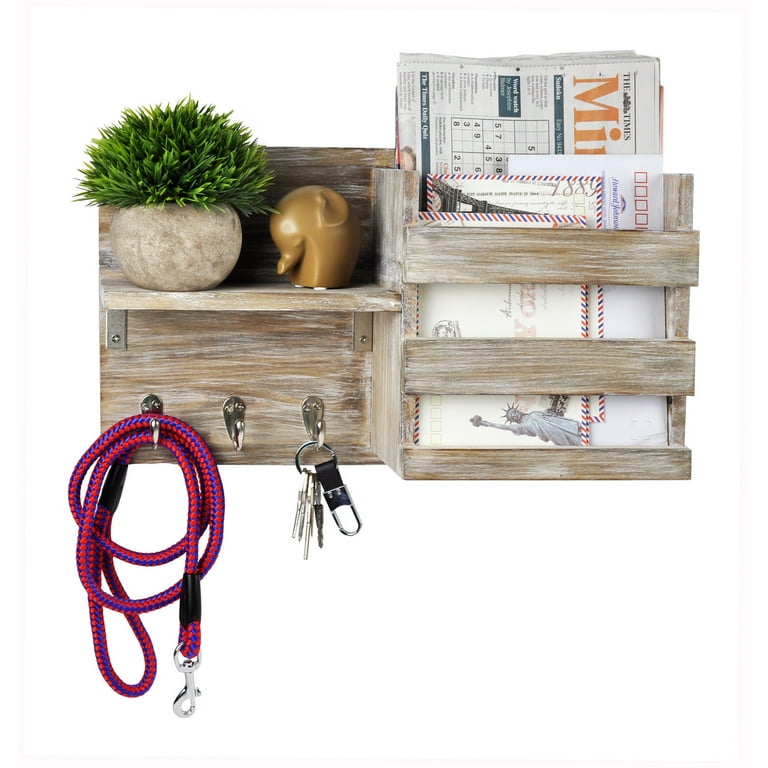 DUCIHBA Entryway Mail Organizer Key Holder Hooks Home Decorative Single Wall Shelf Rustic Wood White 16.5 W x 4.5 D x 9.75 H Holds 10lbs