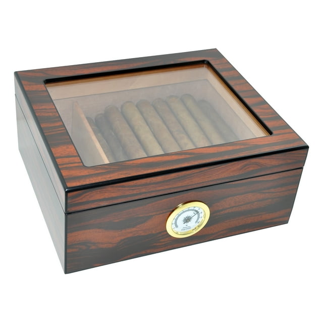 DUCIHBA Humidor Box - Holds 25-50 Cigars - Tempered Glass Display - Spanish Cedar Wood - Brown Color