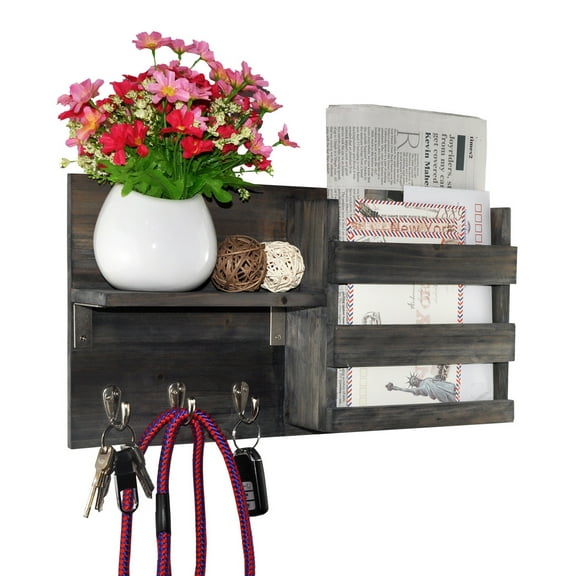 DUCIHBA Key & Mail Holder for Wall - Rustic Wood Single Floating Shelf - Weathered Gray, 16.5" W x 4.5" D x 9.75" H, Holds 10lbs