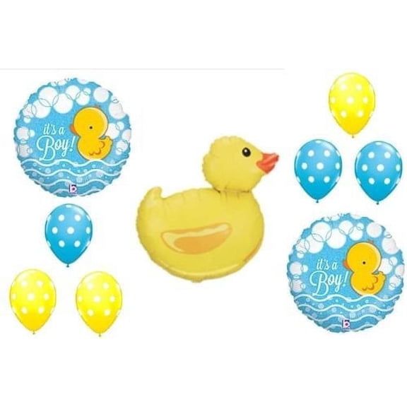 DUCK Rubber Blue Yellow Polka Dots It's a BOY BABY Shower Mylar & Latex Balloons