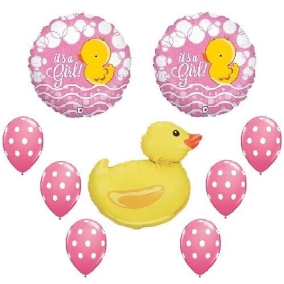 DUCK Rubber PINK Polka Dots It's a GIRL 9 BABY Shower Mylar & Latex Balloons Set