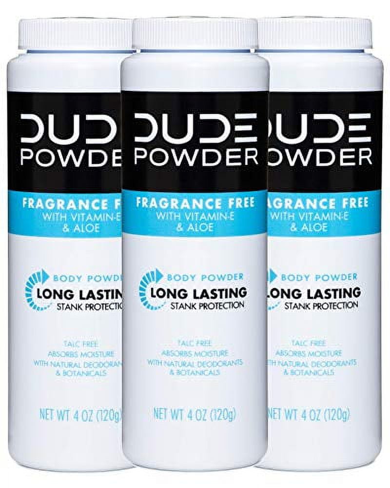 DUDE Body Dusting Powder, Fragrance Free, 4 Ounce, 3 Bottle Pack