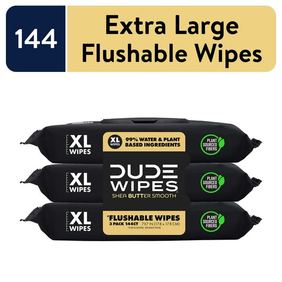 DUDE Flushable Wipes, Extra Large Shea BUTTer Smooth Wet Wipes, 144 Count