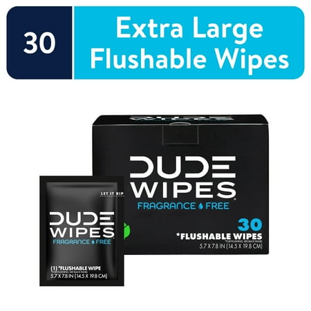 DUDE Wipes Flushable Wipes, XL On-The-Go Wet Wipes, Unscented, 30 Count