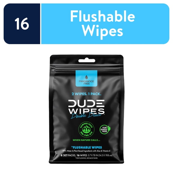 DUDE Wipes Double Deuce, Two-In-One On-The-Go Flushable Wipes, Unscented, 2 Count, 8 Pack (16 Total)
