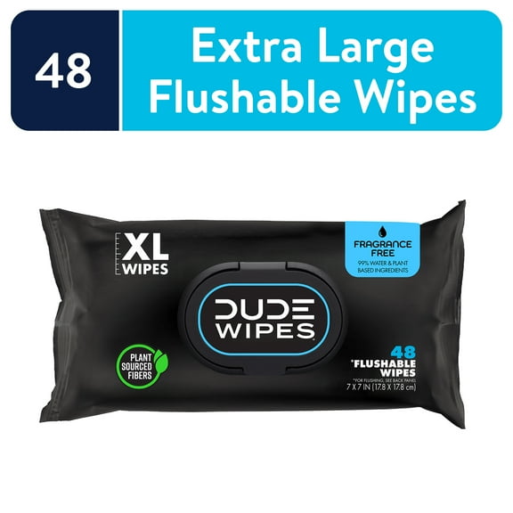 DUDE Wipes Flushable Wipes, XL Wet Wipes for At Home Use, Unscented, 48 Count