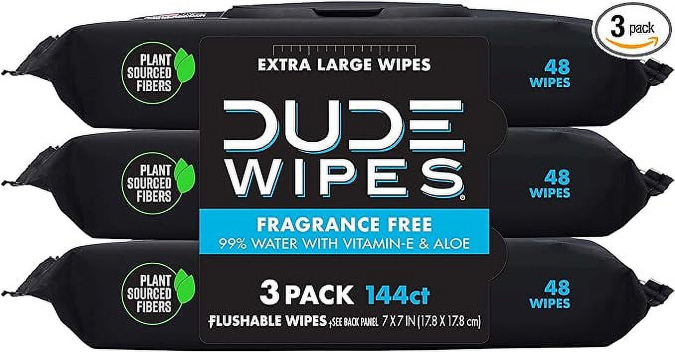 DUDE Wipes - Flushable Wipes - 144 Wipes - Unscented Extra-Large Adult Wet Wipes - Vitamin-E & Aloe for at-Home Use - Septic and Sewer Safe, 48 Count (Pack of 3)