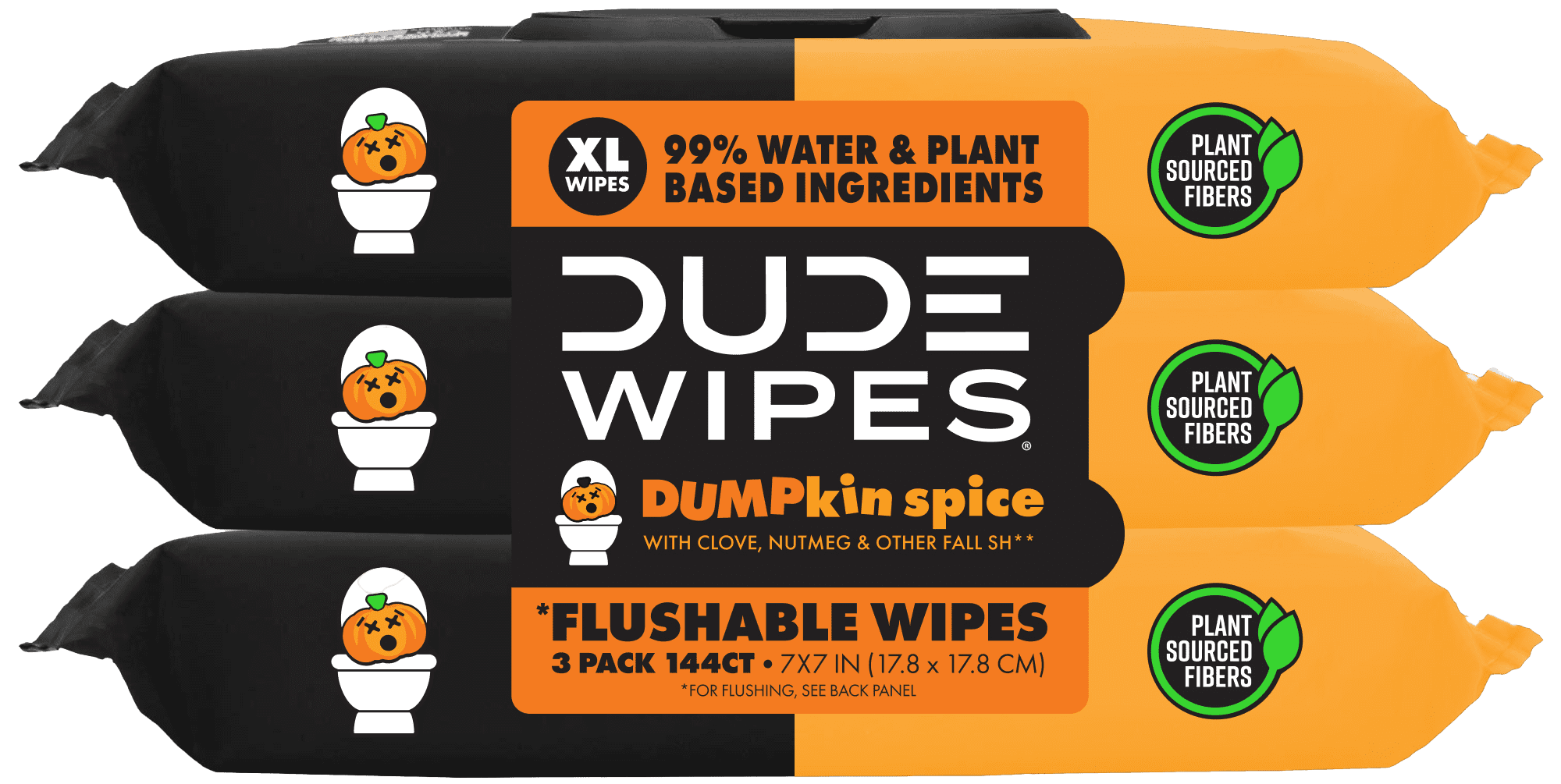 DUDE Wipes Limited Edition DUMPkin Spice,  Extra Large Fall Scented Flushable Wet Wipes, 48 Count, 3 Pack (144 Total)