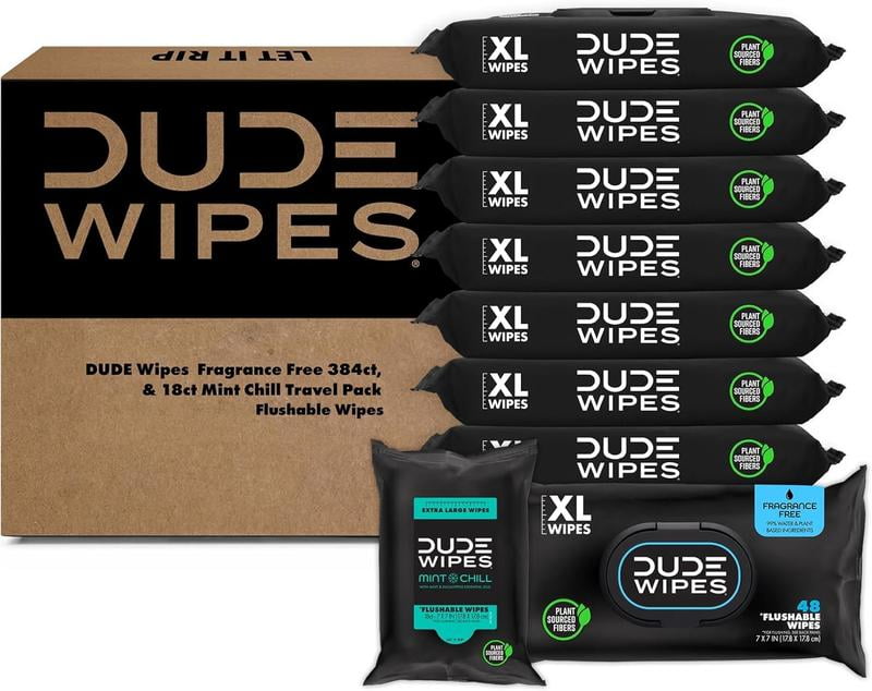 DUDE Wipes Flushable Wipes Unscented 8 Pack + Mint, 402 Ct. XL