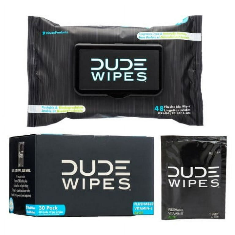 DUDE Wipes Flushable Wipes, Unscented with Vitamin-E & Aloe, 100%  Biodegradable Wipes with Aloe Vera, Singles for Travel (30 Individual  Wipes) & Dispenser Pack (48 Count) 