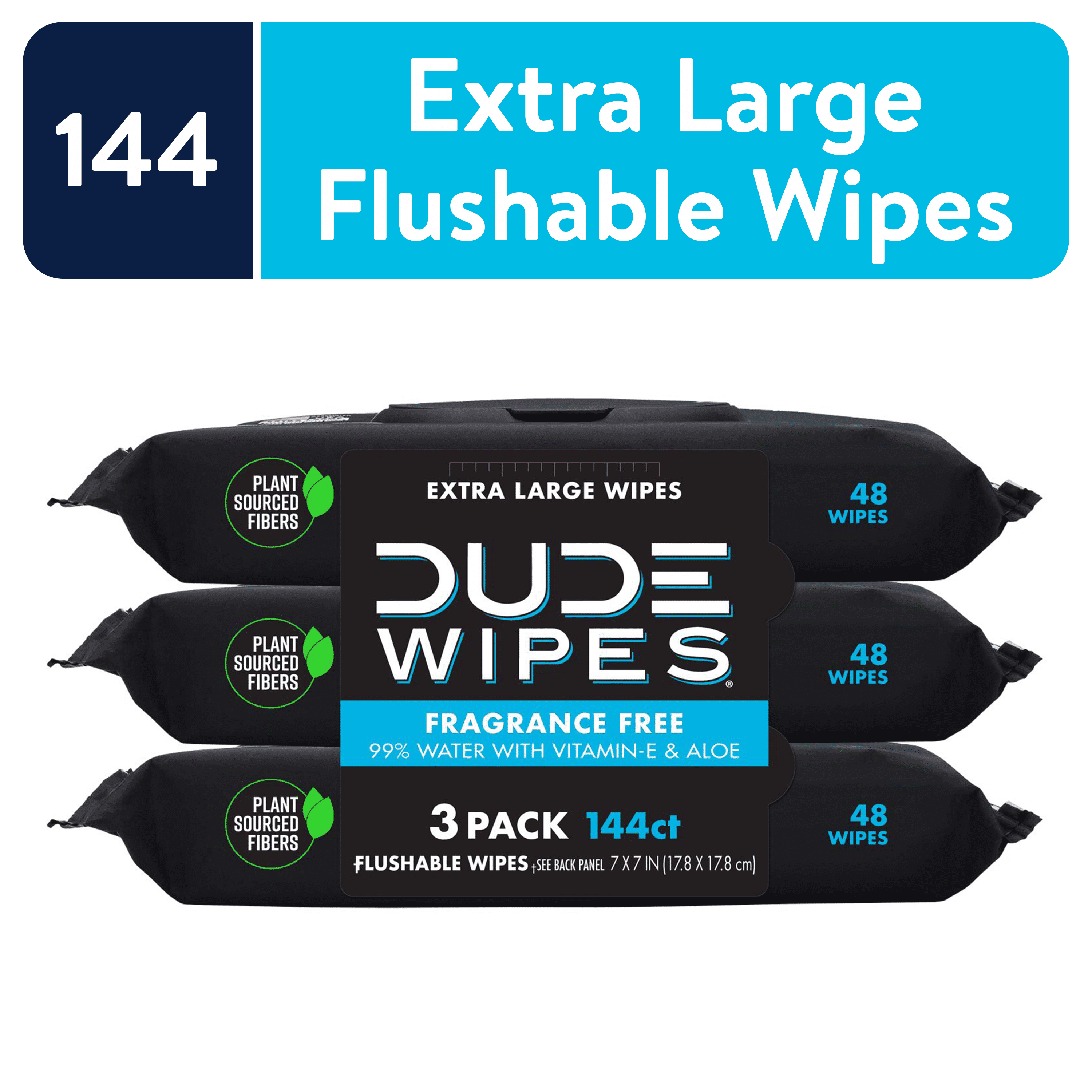 DUDE Wipes Flushable Wipes, Unscented XL Wet Wipes to Use with Toilet Paper, 3 Pack, 144 Wipes