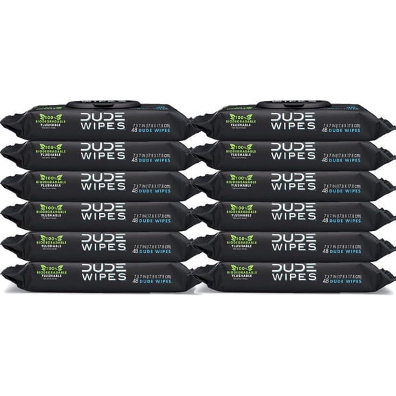 DUDE Wipes Flushable Wipes, Unscented with Vitamin-E & Aloe, 100% Biodegradable, Dispenser (12 Packs, 576 Total Count)