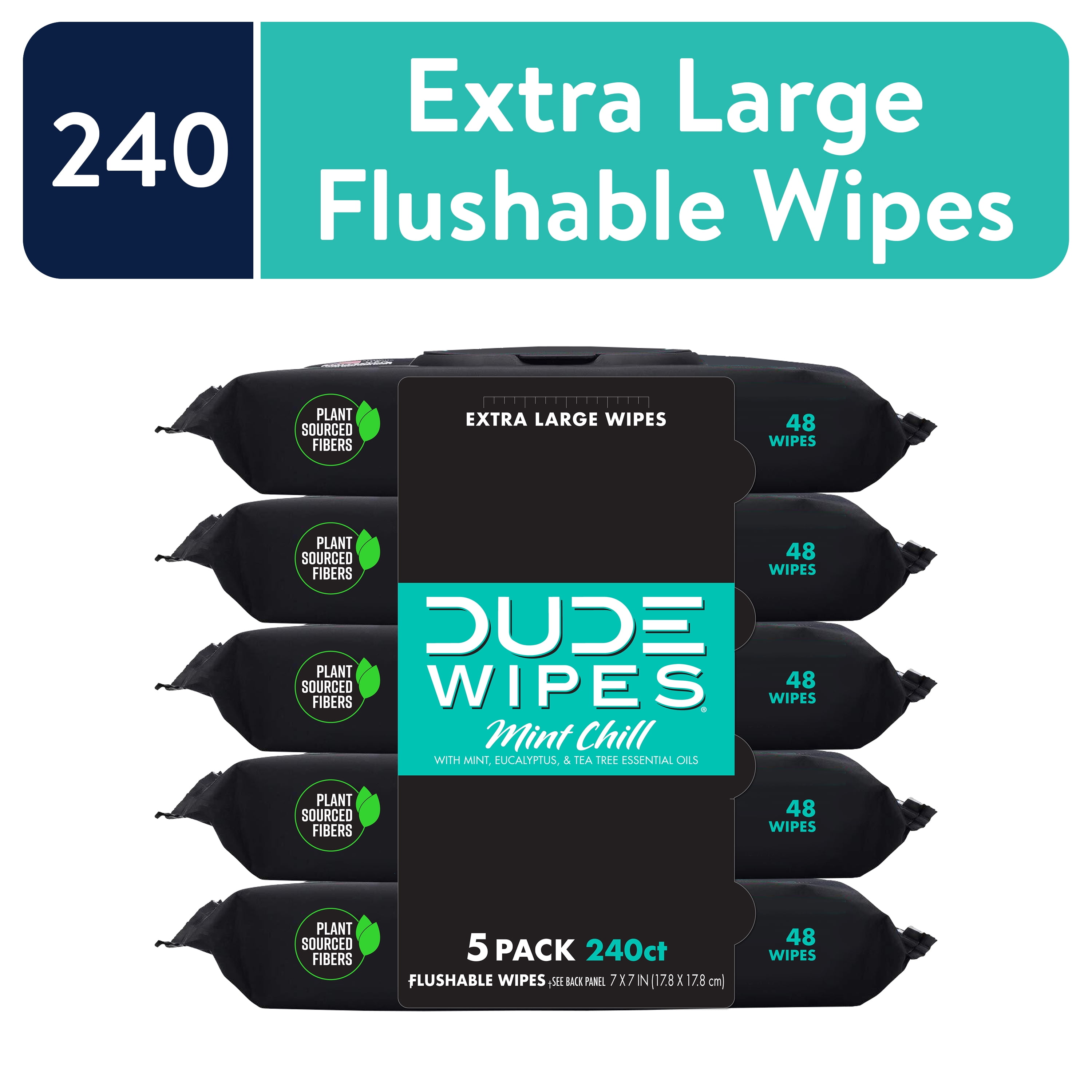 Dude Wipes Unscented XL Flushable Wipes, 6 Flip-Top Packs, 48 Wipes per Pack, 288 Total Wipes