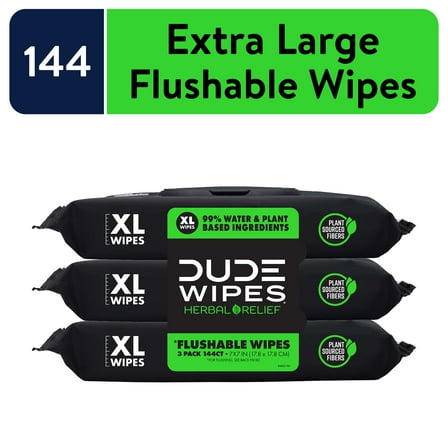 DUDE Wipes Flushable Wipes, XL Wet Wipes for at Home Use, Herbal Relief, 144 Count