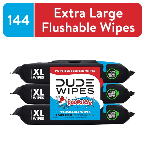 DUDE Wipes Poopsicle, Ice Pop Scented Extra Large Flushable Wipes, 48 Count, 3 Pack (144 Total)