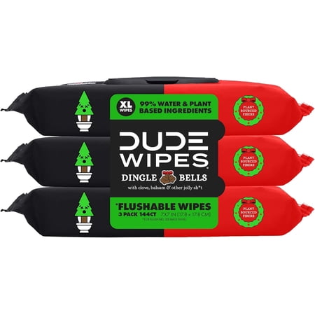 DUDE Wipes - Flushable Wipes for Adults - 3 Pack, 144 Wipes - Dingle Bells Extra Large Wet Wipes with Crisp Pine, Balsam, and Other Jolly Scents