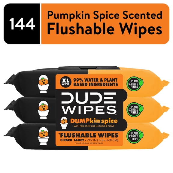 DUDE Wipes DUMPkin Spice Flushable Wipes, Pumpkin Scent, Extra Large, 144 Count 3 Packs