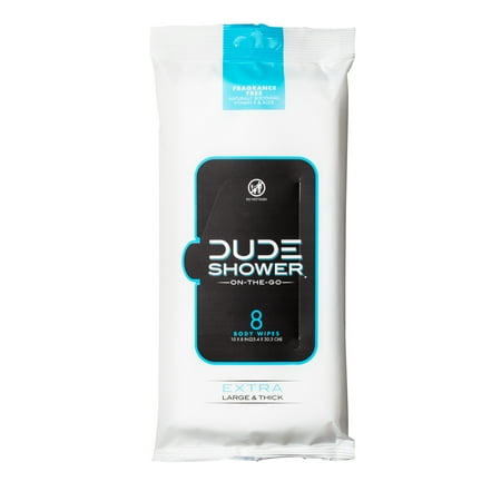 DUDE Wipes On-The-Go Shower Wipes, XL Full Body Shower Replacement Wipes, Unscented, 8 Count