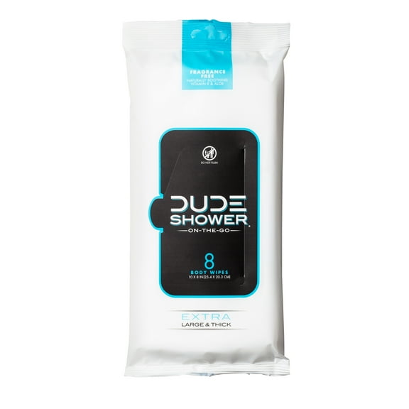 DUDE Wipes On-The-Go Shower Wipes, XL Full Body Shower Replacement Wipes, Unscented, 8 Count