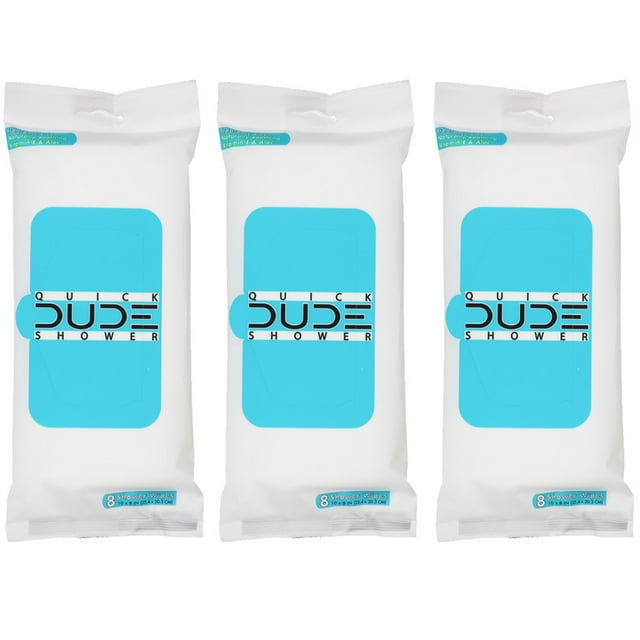 DUDE Wipes Shower Wipes, XL Body Wet Wipes, Unscented, 8 Count, 3 Pack