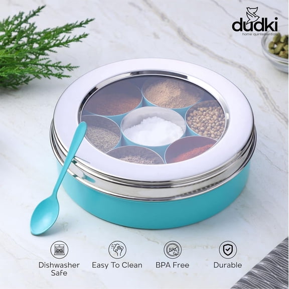 DUDKI Homes Stainless Steel Masala Box Spice Organizer with See Through Lid 7 Containers Spoon