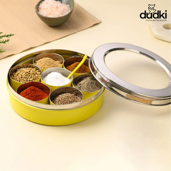 DUDKI Steel Masala Dabba-Indian Spice Box Masala Dabba-Stainless Steel With Spoon and 7 Spice containers Size- 7 Inch (YELLOW)