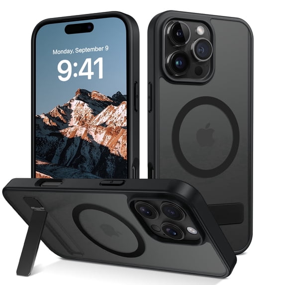 DUEDUE Magnetic Protective Case for iPhone 16 Pro Max, Black Matte Finish, Military-Grade Drop Protection with Built-in Kickstand, Compatible with MagSafe