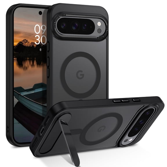 DUEDUE Magnetic Case for Google Pixel 11/11 Pro with Invisible Foldable Stand, Translucent Matte Back, Shockproof Protective Phone Cover Compatible with Magnetic Charging, Black