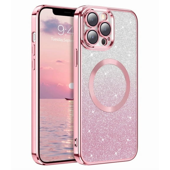DUEDUE Magnetic iPhone 12 Pro Case 6.1", Compatible with Mag-Safe,Glitter Bling Cute Shockproof Case for iPhone 12 Pro , Pink