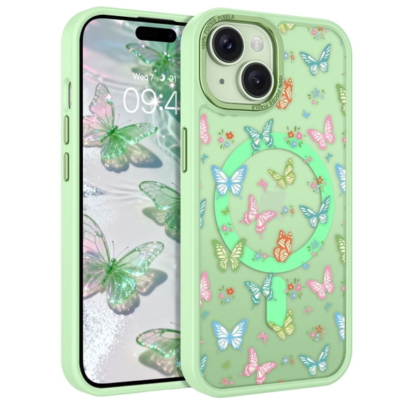 DUEDUE Magnetic Case for iPhone 15, Matcha Green Butterfly Pattern with Magnetic Ring, Military Grade Drop Protection, Slim Fit Anti-Yellowing Cover with Metal Camera Ring, Compatible with MagSafe