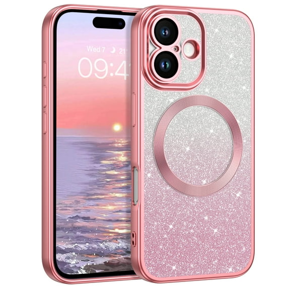 DUEDUE Magnetic iPhone 16 Case 6.1", Compatible with Mag-Safe, Glitter Bling Cover, Full Camera Lens Shockproof Case For iPhone 16, Pink