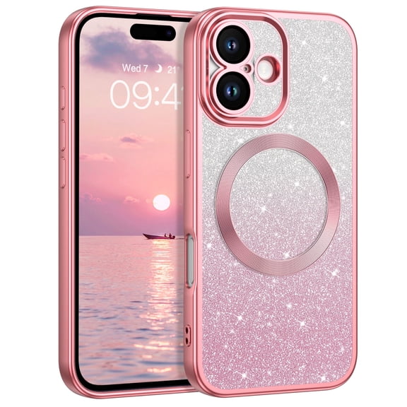 DUEDUE iPhone 16 Plus Case 6.7", Magnetic Glitter Bling Slim Shockproof Case for iPhone 16 Plus, Pink