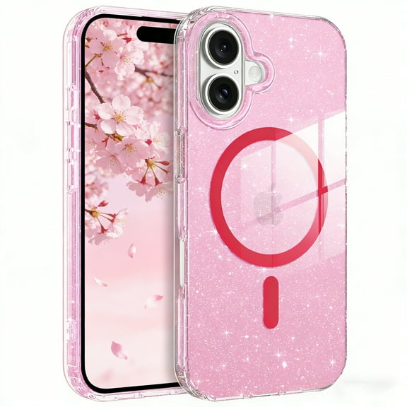 DUEDUE Clear Designed for iPhone 16 Case 6.1", Compatible with MagSafe, Magnetic Sparkly Glitter Shockproof Case for iPhone 16, Pink