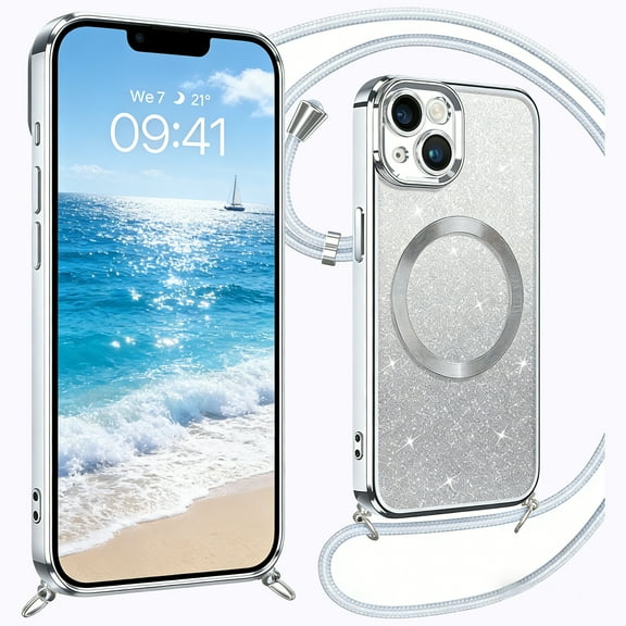 DUEDUE iPhone 14 Case With Adjustable Lanyard Strap 6.1'',  Compatible with MagSafe, Magnetic Sparkly Glitter Shockproof Case for iPhone 14
