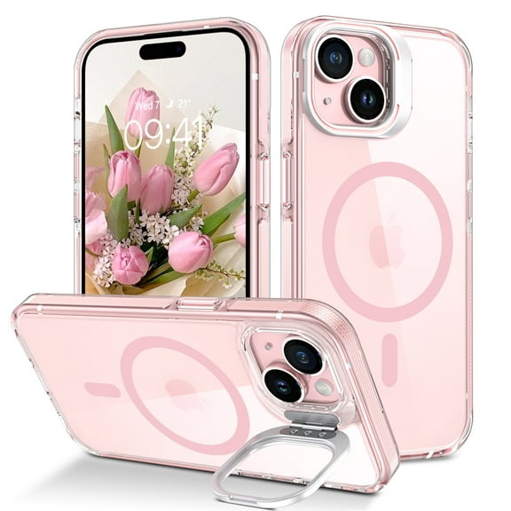 DUEDUE iPhone 15 Case With Stand Compatible with MagSafe, Magnetic Transparent Matte Shockproof Case For iPhone 15, Pink