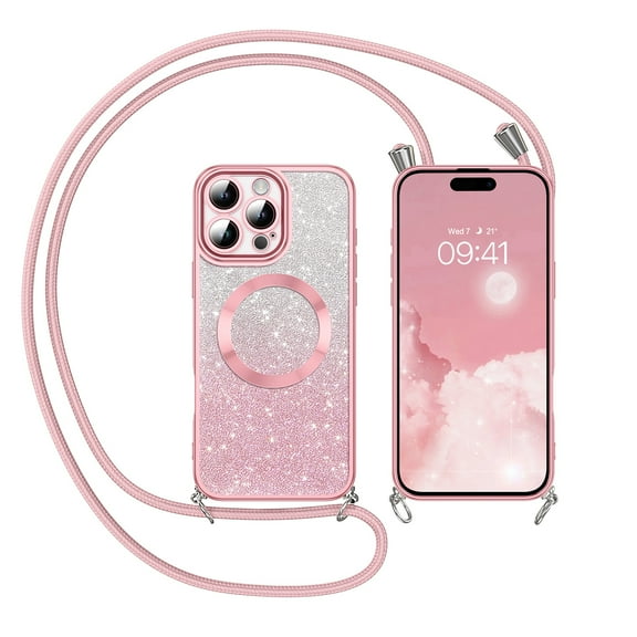 DUEDUE iPhone 16 Pro Max Case With Adjustable Lanyard Strap,  Compatible with MagSafe, Magnetic Sparkly Glitter Shockproof Case for iPhone 16 Pro Max 6.9''