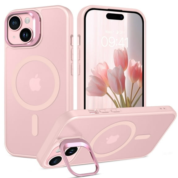 DUEDUE for iPhone 15 Case with Stand Compatible with Mag-Safe,Strong Magnetic Translucent Matte Slim Shockproof Cover Case for iPhone 15 6.1",Pink