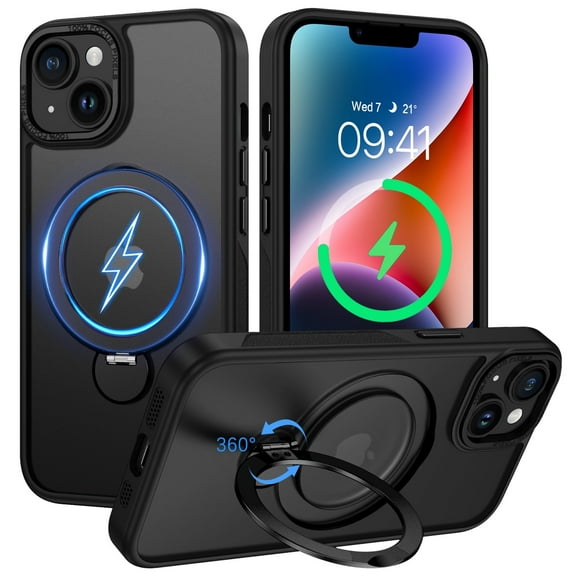 DUEDUE iPhone 13 / iPhone 14 Case With Stand, 360 Rotating Ring Stand, Compatible With Mag-Safe, Magnetic Matte Shockproof Case for iPhone 13 / iPhone 14 6.1", Black