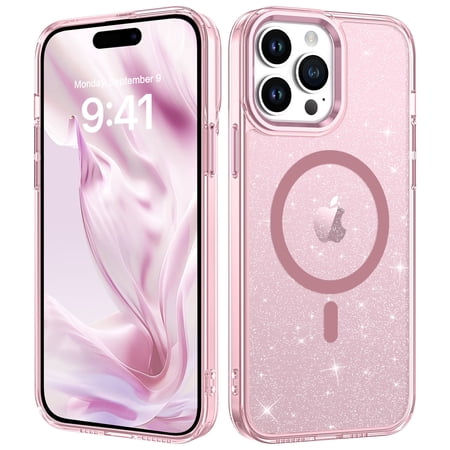 DUEDUE iPhone 14 Pro Case 6.1", Clear Crystal Glitter Sparkly Cover , MagSafe Compatible, Magnetic Shockproof Case for iPhone 14 Pro, Pink