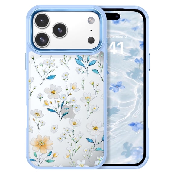 DUEDUE Clear Phone Case for iPhone 17 Pro Max, Hard PC Back with Soft TPU Bumper, White Flower and Blue Leaf Floral Protective Cover, Light Blue
