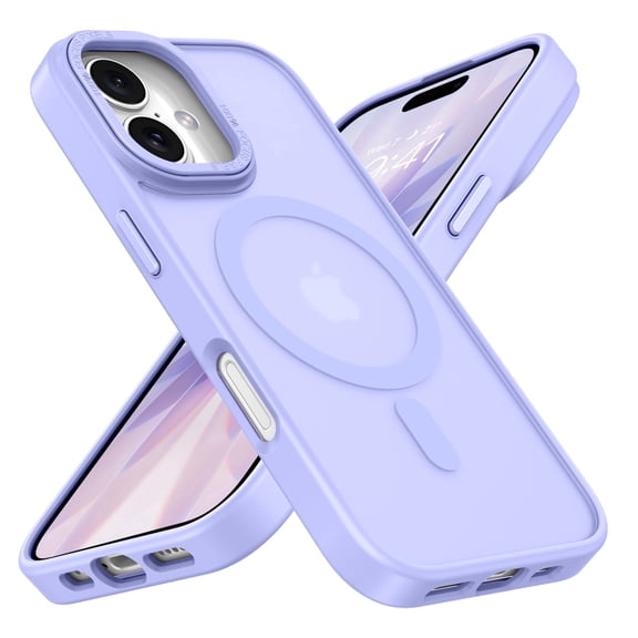 DUEDUE Magnetic Protective Case for iPhone 17, Light Purple Frosted Matte Cover with Letter Print Metal Lens Guard, Slim Fit Shockproof, Compatible with MagSafe