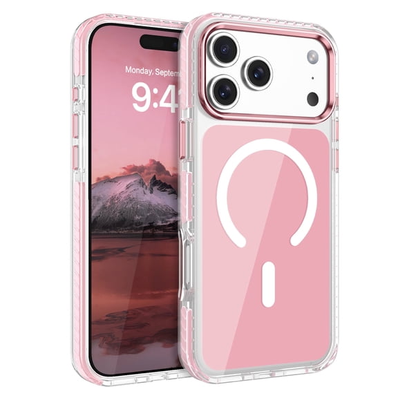 DUEDUE Magnetic Protective Case for iPhone 17 Pro, Crystal Clear Pink Back Phone Cover with Enhanced Camera Guard, Anti-Yellowing Slim Fit TPU Bumper Shockproof Case, MagSafe Compatible