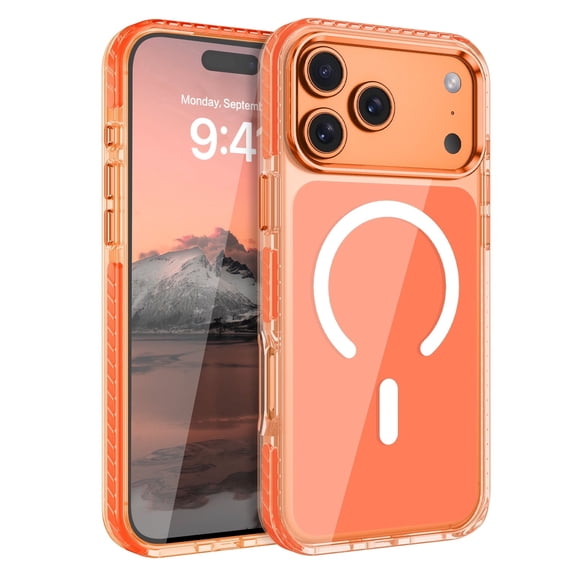 DUEDUE Magnetic Protective Case for iPhone 17 Pro, Crystal Clear Orange Back Phone Cover with Enhanced Camera Guard, Anti-Yellowing Slim Fit TPU Bumper Shockproof Case, MagSafe Compatible
