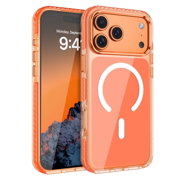DUEDUE Magnetic Protective Case for iPhone 17 Pro Max, Crystal Clear Orange Back Phone Cover with Enhanced Camera Guard, Anti-Yellowing Slim Fit TPU Bumper Shockproof Case, MagSafe Compatible