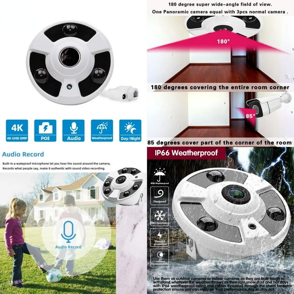 DUFDERIA 4K HD CCTV Wired Camera POE Motion Detection Fisheye IP Cam 8MP Indoor  POE Panoramic Security Camera Video Surveillance 5MP