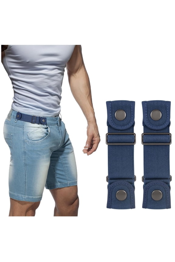 2 Pack No Buckle Side Cinch Belts for Men Women, Adjustable Snap Button Invisible Elastic Waist Belt, Navy Blue Stretch Nylon Belt for Jeans Trousers